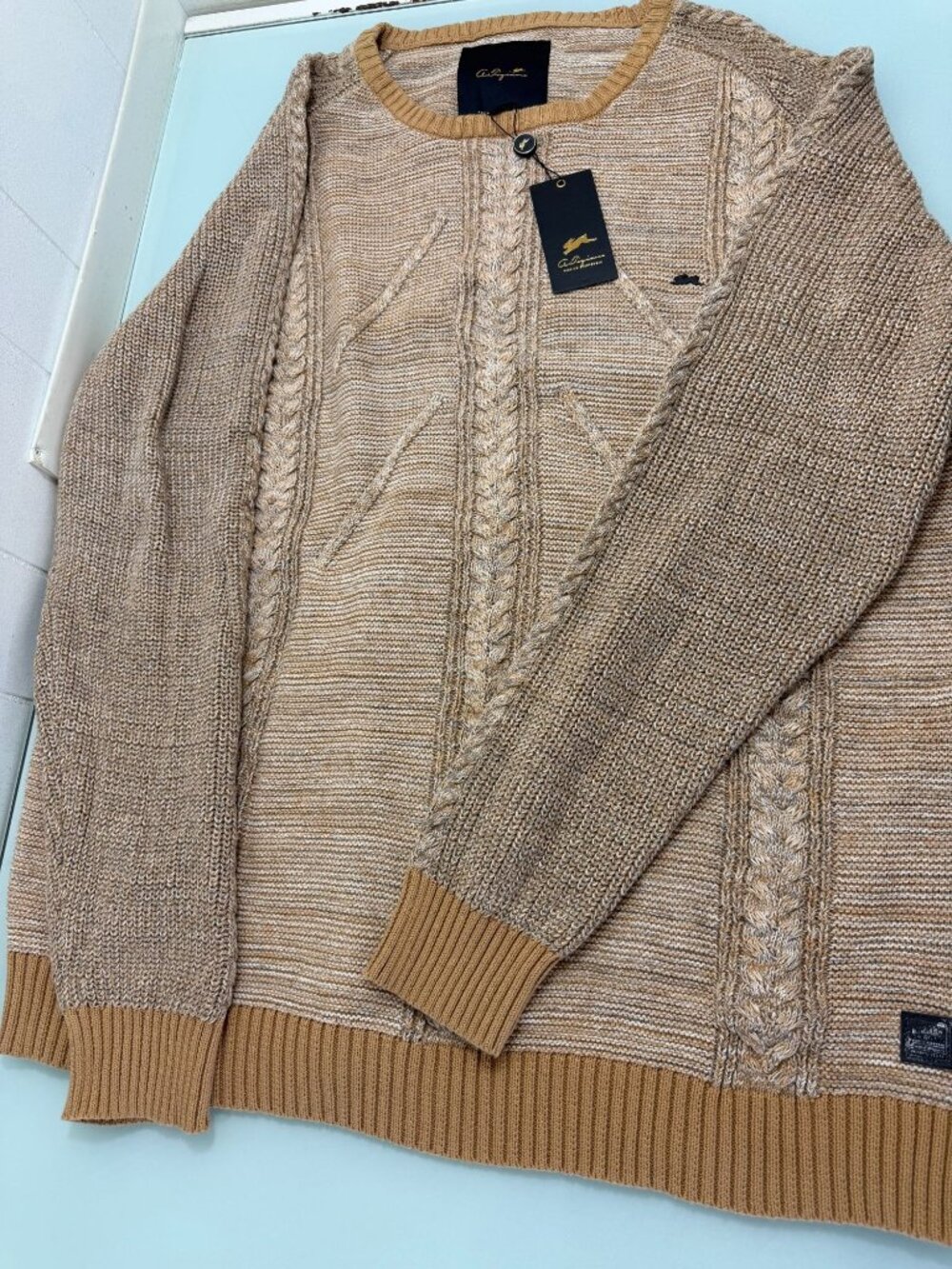 A. Tiziano Cable Knit Sweater Mens 5XL Beige Pullover Crewneck 100% Cotton NWT